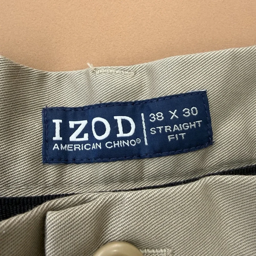 IZOD American Chino Pants Mens 38x30 (29) Khaki Straight Fit Flat Front New Golf